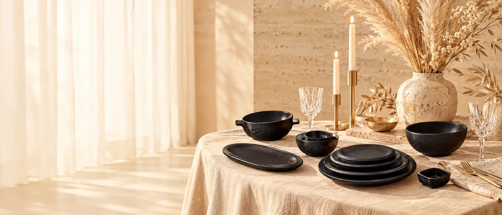 Table dressée avec la vaisselle en céramique noire WT Horizon
