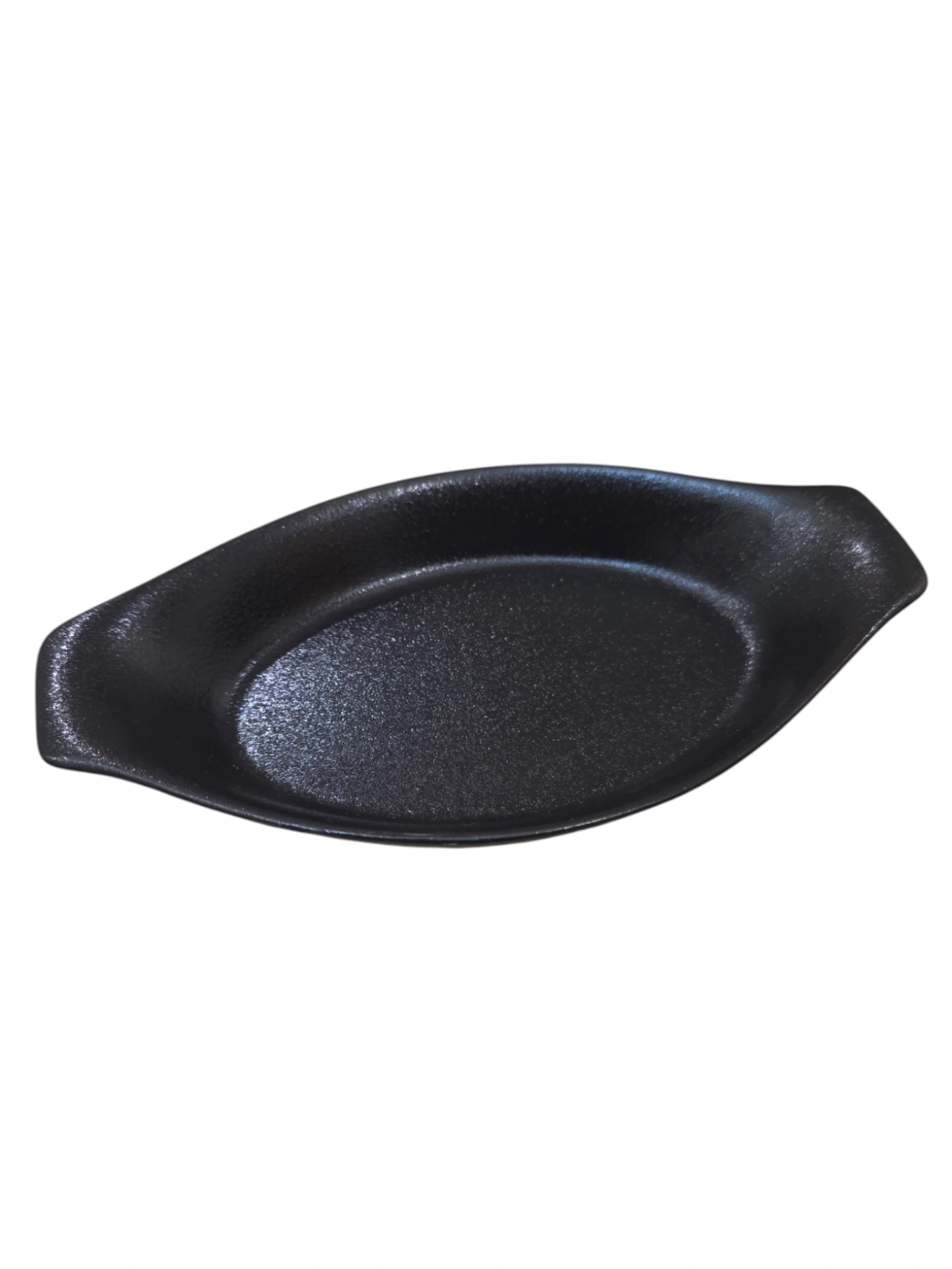 Plat ovale en céramique noire mate avec poignées · 20 × 11,3 × 3 cm